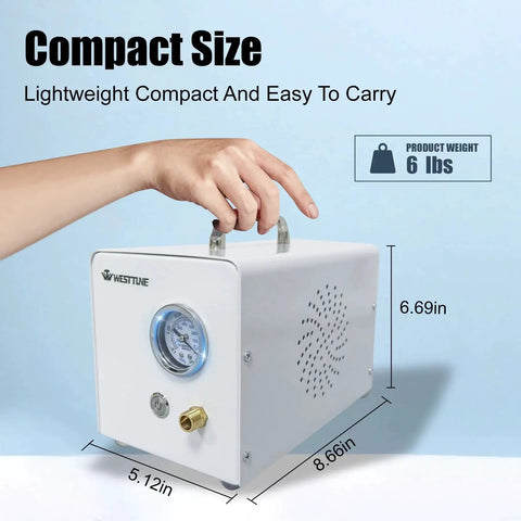 Side view of Lab Diaphragm Vacuum Pump For Filtration, Portable And Oil Free Oilless Design, showcasing dimensions and compact handle.