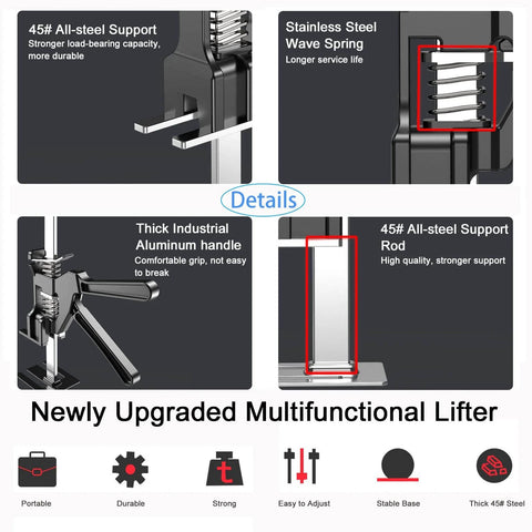 Details of the 2 Pack Labor Saving Arm Jack showing all-steel support, wave spring, aluminum handle, and support rod for stability.