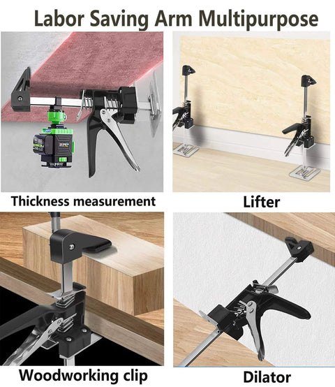 Multipurpose Labor Saving Arm tools for thickness measurement, lifting, woodworking, and adjusting, displayed on various surfaces.