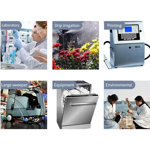 Collage showing uses of 40-210ml/min high flow peristaltic pump in lab, irrigation, printing, cleaning, and environmental applications.