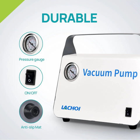 Oil Free Lab Vacuum Pump Diaphragm Filtration System Lachoi Portable 15 L Per Min Flow Rate with pressure gauge, on/off switch, and anti-slip mat