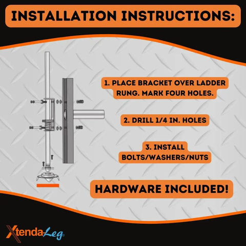 Installation instructions for Ladder Leveler With Rubber Feet For Extension Ladders Stabilizer Attachments, showing bracket setup.