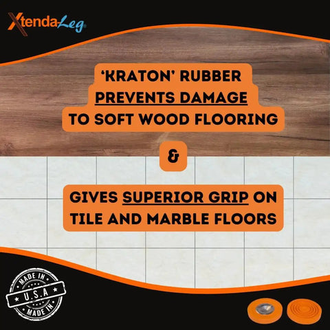 Ladder Leveler With Rubber Feet For Extension Ladders Stabilizer Attachments For Safe Use A Stable Platform On Uneven Ground And Easy Installation OSHA Approved Xtenda-Leg infographic showing features on wood and tile floors