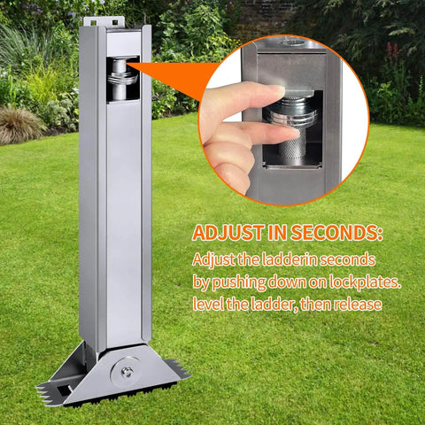 Close-up of adjustable ladder leveler pair for extension ladders with anti-slip pattern steel poles installed on grass.