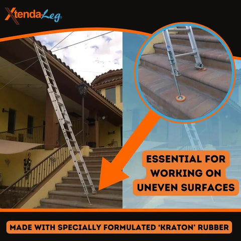 Ladder Leveler With Rubber Feet For Extension Ladders Stabilizer Attachments For Safe Use A Stable Platform On Uneven Ground And Easy Installation OSHA Approved Xtenda-Leg Durable Construction For Safe Leveling On Uneven Ground installed on stairs