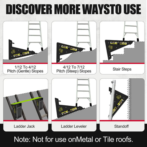 Stable Platform Ladder Leveler For Extension Ladders With Built In Storage shown in various uses on slopes and steps