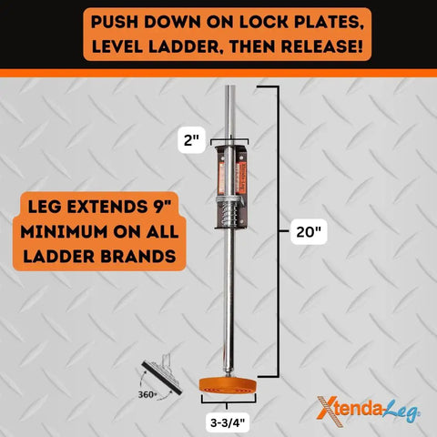 Ladder Leveler With Rubber Feet For Extension Ladders Stabilizer Attachments showing dimensions and lock mechanism.