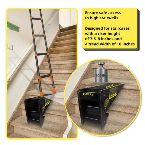Sturdy Ladder Leveler And Stabilizer For Stairs And Extension Ladders With Built In Storage shown installed on carpeted stairs.