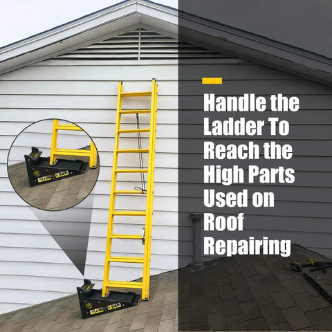 Sturdy Ladder Leveler And Stabilizer For Stairs And Extension Ladders With Built In Storage Easy To Use No Slip Ground Gripper displayed in use on roof