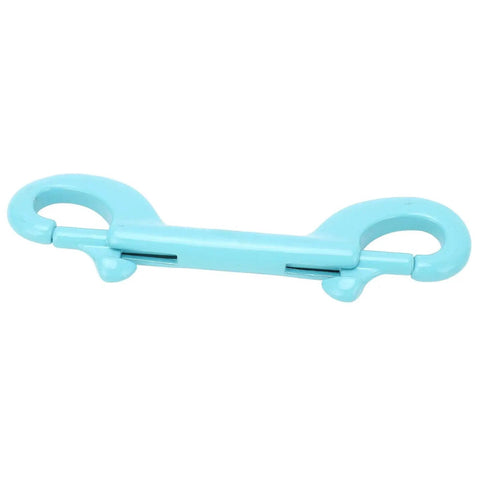 Blue plastic double-ended snap hook with spring-loaded gates for keychains.