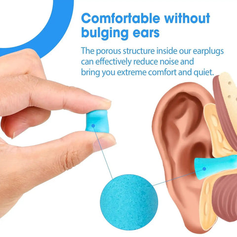 Hand holding lake blue foam ear plug near ear, 100 Pairs Foam Ear Plugs Bulk NRR 32dB Lake Blue Soft Comfortable Disposable Noise Reduction