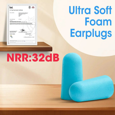 Ultra soft foam earplugs with NRR 32dB certificate, showcased in lake blue color on a wooden shelf background.