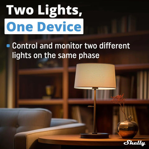 Living room with smart lamp, bookcase in background, text overlay 'Two Lights, One Device.'"