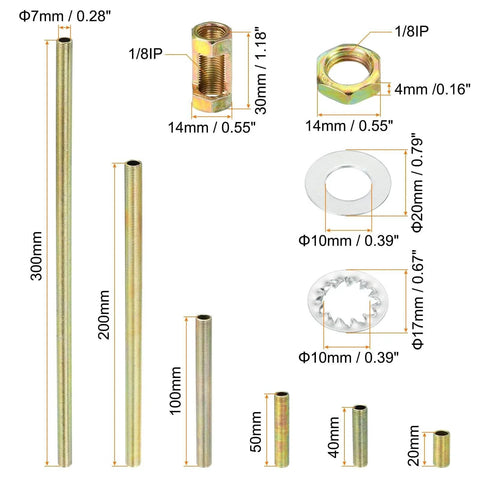 Lamp Pipe Kit With Lock Nuts And Washers For Chandelier Ceiling Light DIY One Eighth IP Thread Zinc Plated Steel, six pipe sizes.