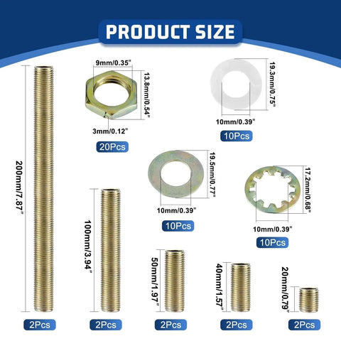 Product size chart for Antique Brass Lamp Repair Hardware Kit 60 Piece Set Pipe Nipples Lock Nuts Washers For Lamp Assembly DIY Home Projects