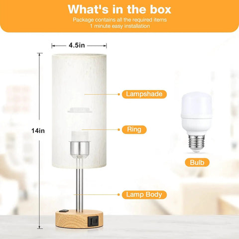Bedside Table Lamp With 3 Way Dimmable Touch Control, USB C Charging Ports And AC Outlet, wood base, and LED bulb shown in parts