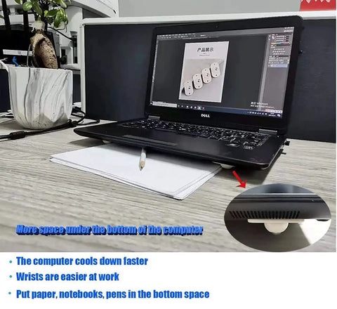 Laptop elevated with self-adhesive mini swivel caster wheels, 16-piece set, providing space for items underneath and improved cooling.