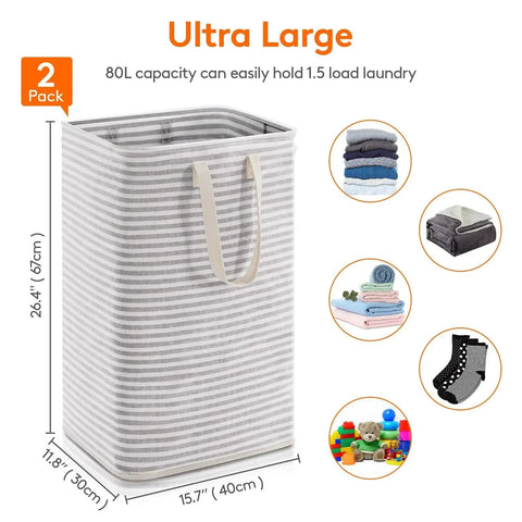 Two Pack Large Collapsible Laundry Hampers 80L Each Freestanding Waterproof Interior Foldable Laundry Baskets With Easy Carry Handles