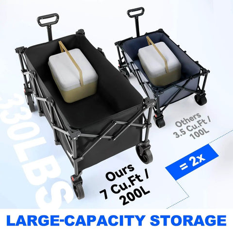 Large 200L Collapsible Wagon Cart With 440 Pounds Weight Capacity And Built In Brake For Camping Garden Sports And Shopping, black.