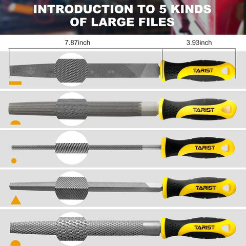 19-Piece Metal And Wood File Set With Tool Bag Including Flat Half-Round Round Triangle Steel Files shown on a chart