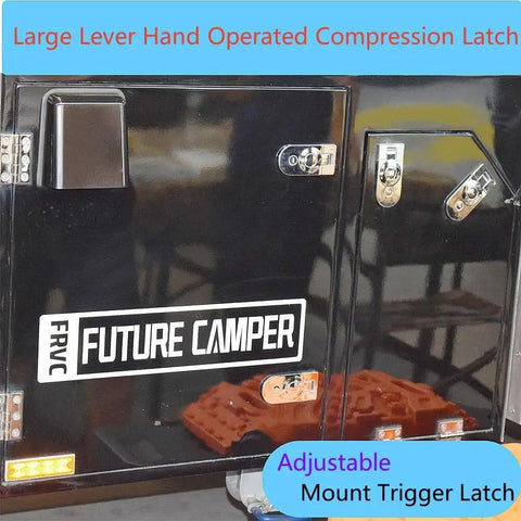 Two-piece zinc alloy compression latches deliver secure flush sealing with easy hand-operated lever on camper door.