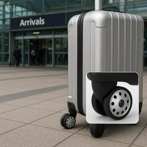 One Pair Large Size Luggage Wheel Casters For Suitcases And Travel Bags Replacement installed on silver suitcase at airport