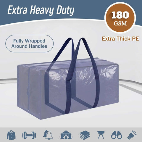 Six Pack Extra Heavy Duty Large Moving Bags With Strong Zipper And Comfortable Handles, 23 Gallon Capacity, 29 Inch Long By 14 Inch Wide By 13 Inch High, Reinforced Stitching, Coated PE Fabric, Durable Clothes Storage Totes For Moving And College, shown from front with fully wrapped handles