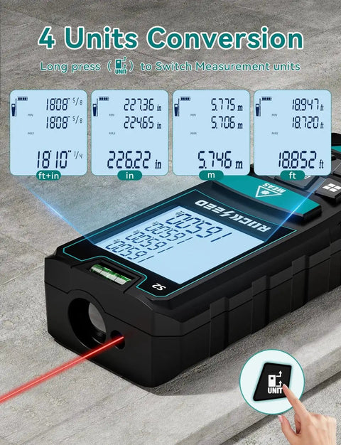 Accurately measure distances, areas, and volumes with a compact laser distance meter featuring dual bubble levels, backlit LCD, and easy M/in/ft unit switching for fast, reliable calculations on rooms, warehouses, and job sites.