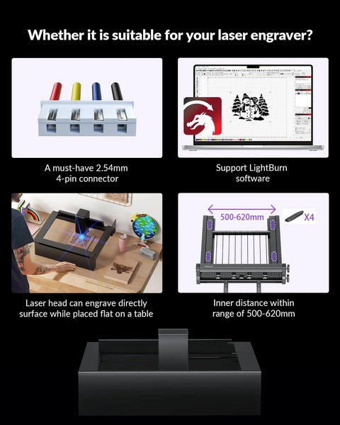Automatic Conveyor Feeder Extension Kit showing compatibility with LightBurn software and laser engraver setup.