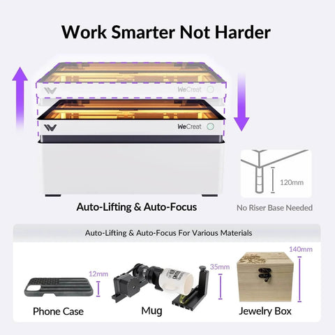 Vision 20W Laser Engraver Machine With AirGurad Pro Fume Extractor showing auto-lift and focus for phone cases, mugs, and jewelry boxes