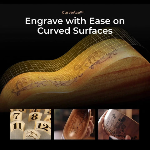 55W CO2 Laser Cutter And Engraver Desktop Machine with Dual 16MP Cameras showcasing curved surface engraving on wood