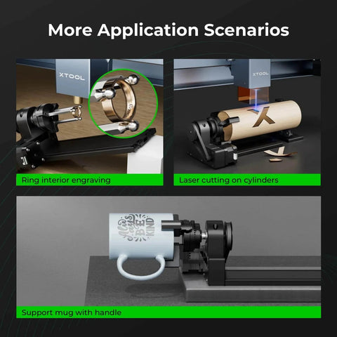Must Have Accessories Set For P2 And P2S Laser Engraver And Cutter - images showing ring and cylinder laser engraving with RA2 Pro
