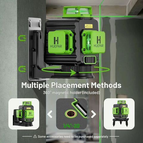 Laser Level 360 Self Leveling With Rechargeable Battery 3x360 Degree Green Laser displayed on wall with magnetic bracket