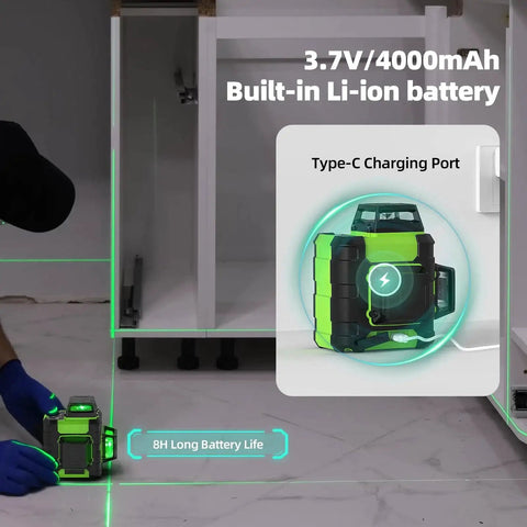 Achieve precise indoor and outdoor alignment with a 360° self-leveling laser level kit shown in use under a cabinet.