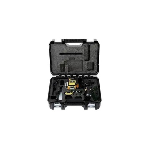 360° self-leveling green laser kit with case, 12V battery, supports precise layout across walls, ceilings, fixtures up to 100 ft, IP65 rated.