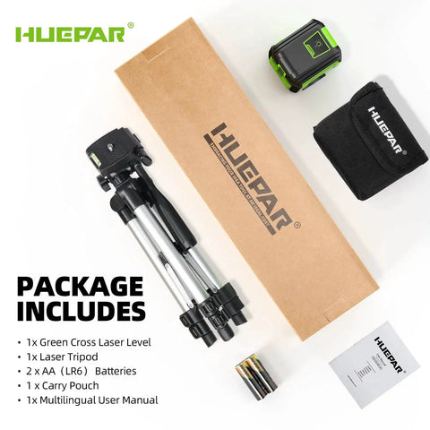 Laser Level With Tripod Kit Self Leveling 98Ft Bright Green Cross Line For Precise Picture Hanging Tile Alignment And Home Renovation Indoor Projects Includes Carrying Bag And Battery, shown with tripod, batteries, and manual.