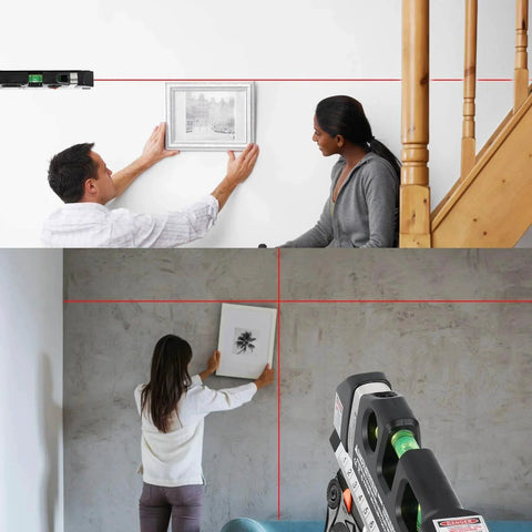 People using Laser Level Line Tool to hang pictures with precise alignment, showing horizontal and vertical beams by AikTryee