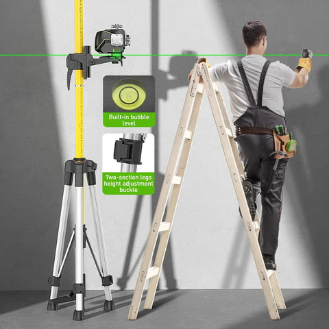 12 Foot Telescoping Laser Level Pole with Tripod for Rotary and Line Lasers installed next to ladder on construction site