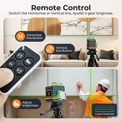 Laser Level Self Leveling 3x360 Degree Green Cross Line in use with remote, showing wall alignment and brightness control options.