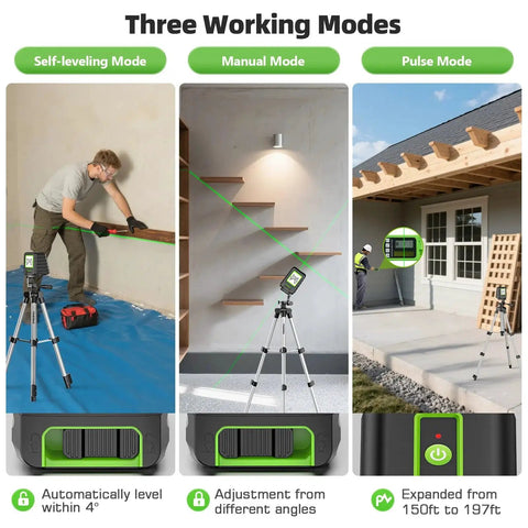Self Leveling Laser Level With 40 Inch Tripod For Precise DIY Projects showing three modes: self-leveling, manual, pulse.