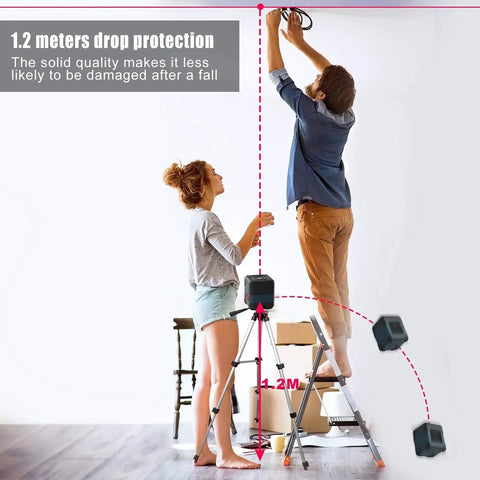 Self-leveling cross line laser projects bright red horizontal and vertical lines with 110° coverage and 360° rotation, IP54 protection shown in use