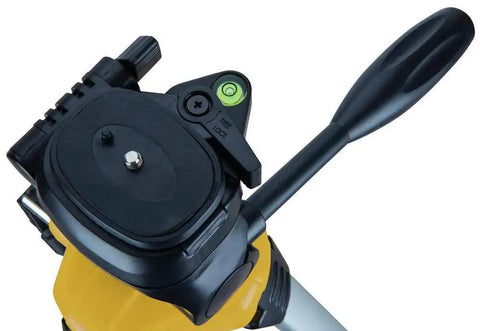 Close-up of lightweight aluminum laser level tripod with 1/4-20 mount, showing tilting head and integrated level.