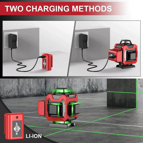 Laser Level 360 Self Leveling with Tripod,WEIDDW 4D Lazer Level charge options, shows two charging methods and product in use.