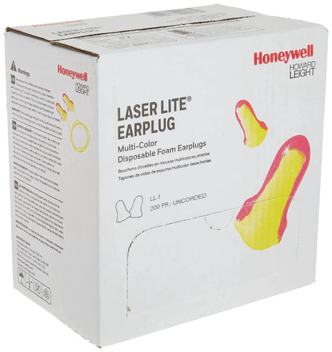 Box of Laser Lite High Visibility Disposable Foam Earplugs Pink And Yellow 200 Pairs NRR 32 Self Adjusting for industrial use.
