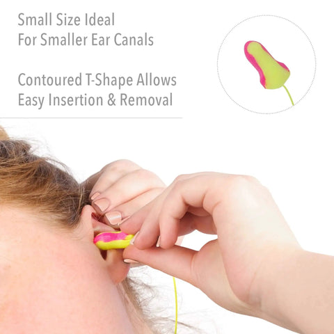 Person inserting Laser Lite High Visibility Corded Disposable Foam Earplugs, pink and yellow, into ear, showing contoured T-shape.