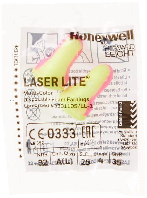 Laser Lite High Visibility Disposable Foam Earplugs Pink And Yellow 200 Pairs NRR 32 packaging front view