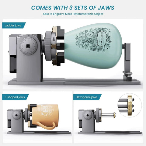4 In 1 Laser Rotary Chuck Roller With Risers 180 Degree Adjustable Engraving for Cylindrical Objects Rings and Mugs with 3 jaw sets