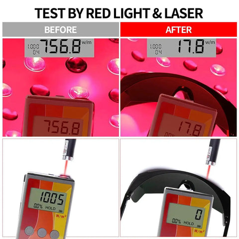Laser safety test with red light showing before and after using Green Laser Safety Glasses 200nm-2000nm For IPL Hair Removal Eye Protection.