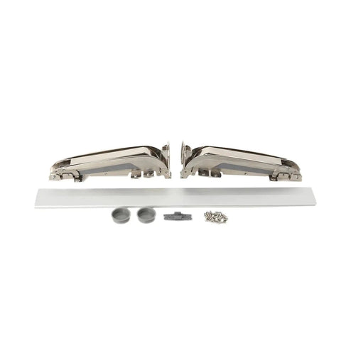 Heavy Duty Lateral Opening Door Hinge Set for cabinets and gates with metal hinges and installation accessories displayed on a white background