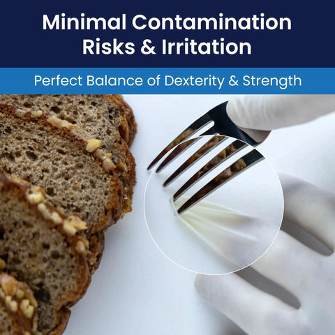 Powder Free 6 Mil Latex Gloves With Textured Grip For Medical Dental Use 1000 used to slice bread, showing grip precision.